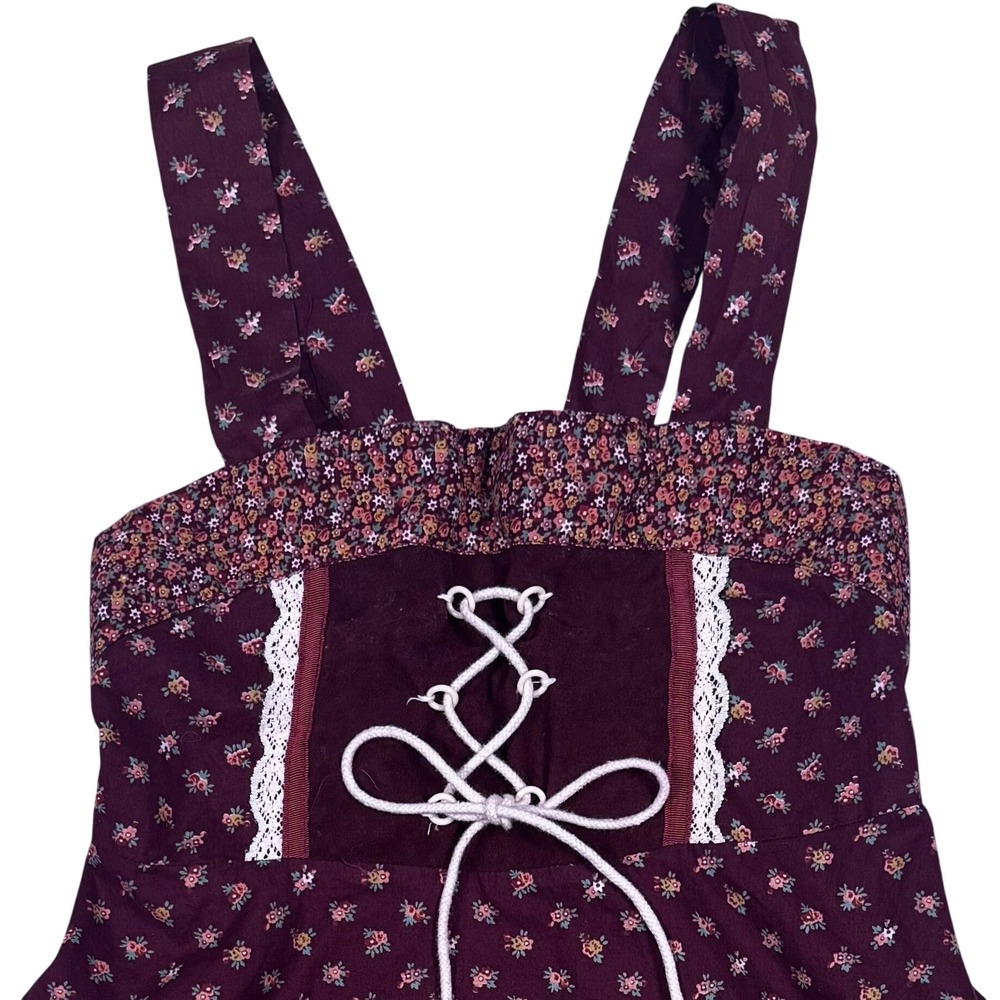 Vtg Sears Roebuck Prairie Dress Girls 12.5 Burgundy Floral Corset Lace Boho Folk - Picture 3 of 10